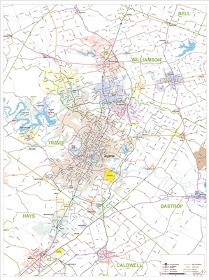 Austin Metroplex major thoroughfare map for the wall. Measures 38 x 51